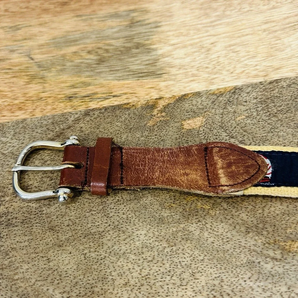 Vintage Men's Leather Canvas Ribbon Belt Sailboat Men's Navy Blue 38-41